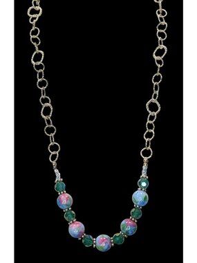 Handmade Cottagecore  Blue & Pink Floral Glass Beaded Necklace With Silver-Tone
